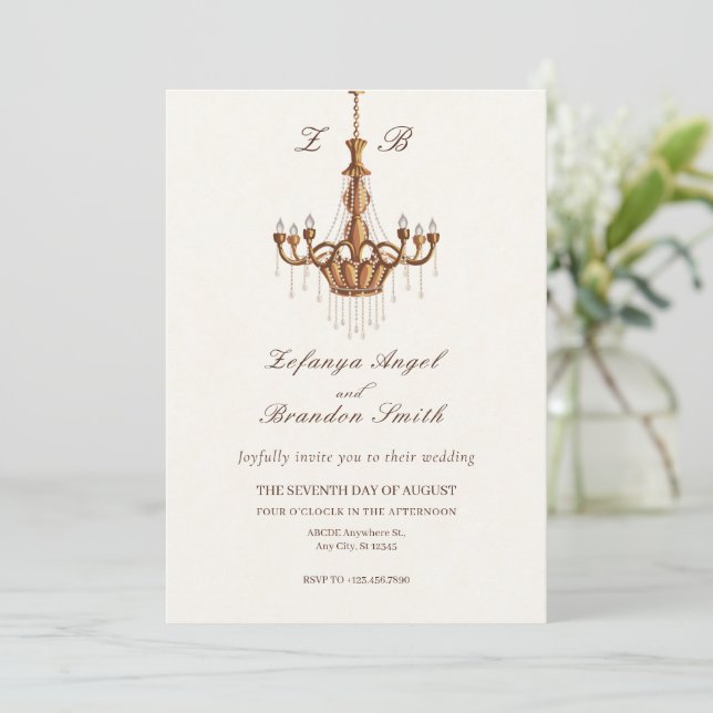 Brown vintage chandeliers wedding  invitation (Standing Front)