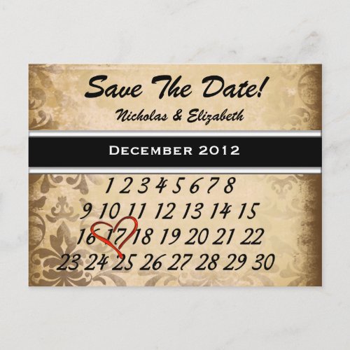 Brown Vintage Damask Save the Date Announcement Postcard