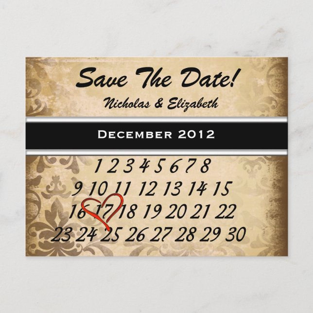 Brown Vintage Damask Save the Date Announcement Postcard (Front)