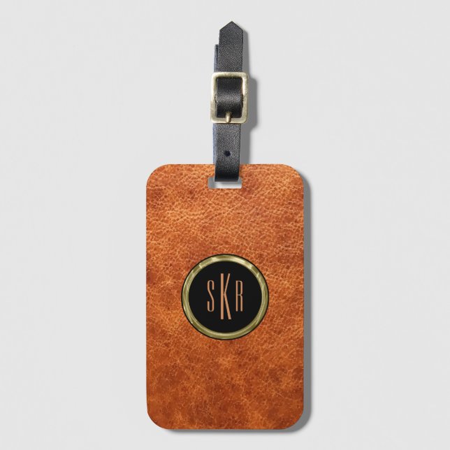 Brown vintage faux leather texture luggage tag (Front Vertical)