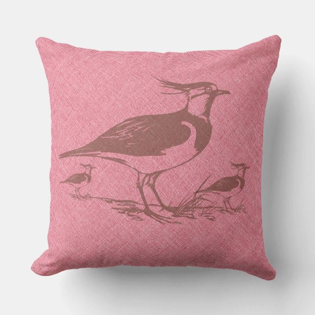 Brown Vintage Lapwing Birds Over Faux Pink Linen Throw Pillow (Front)