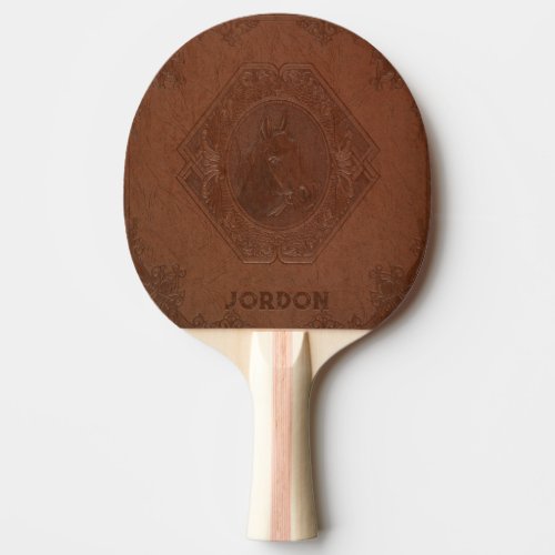 Brown vintage leather embossed horse head ping pong paddle