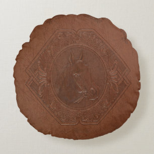 Brown vintage leather framed horse-head round pillow