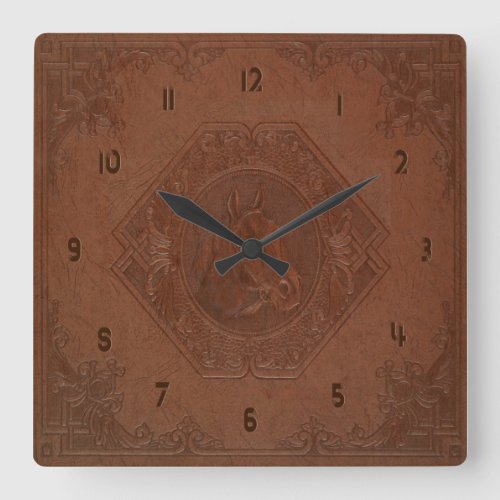 Brown vintage leather framed horse_head square wall clock