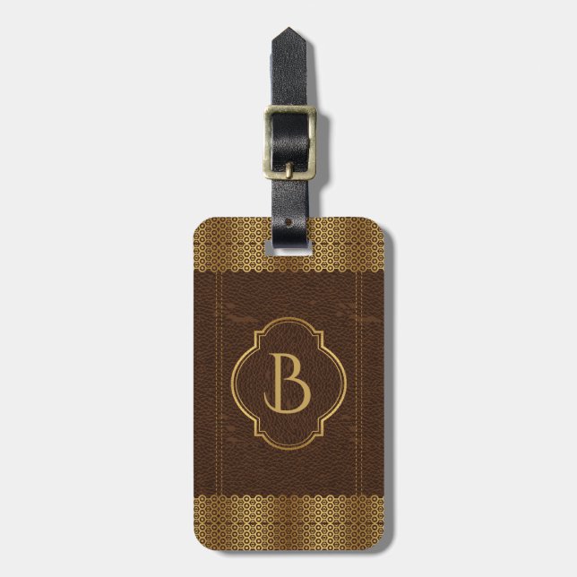 Brown Vintage Leather Gold Border Luggage Tag (Front Vertical)