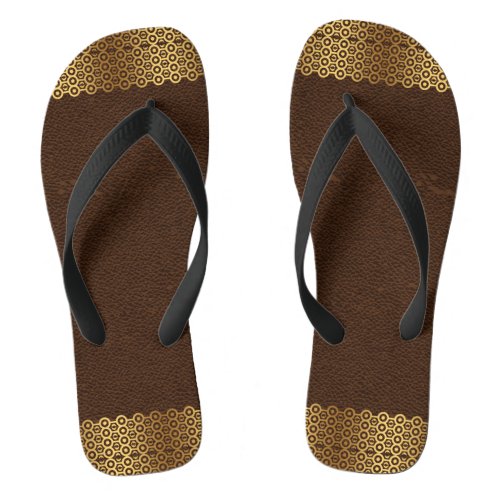 Brown Vintage Leather  Gold Geometric Border Flip Flops