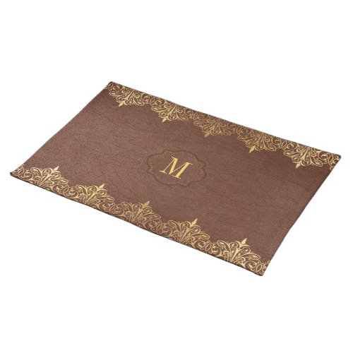 Brown Vintage leather Gold Lace Frame Monogram Cloth Placemat