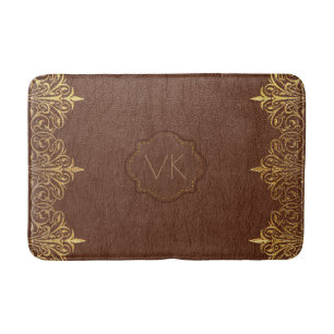 Brown Vintage Leather & Gold Swirly Frame Bath Mat