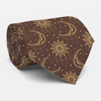 Brown vintage moon ornamental pattern neck tie