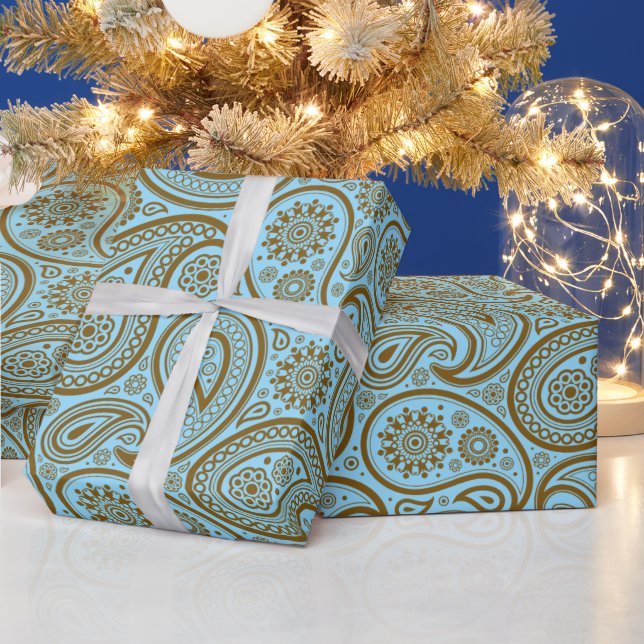 Brown Vintage Paisley Custom Blue Background Wrapping Paper (Holidays)