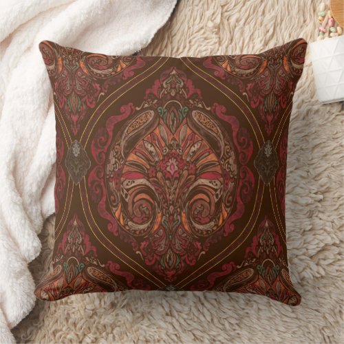 Brown Vintage Paisley Mandala Throw Pillow - Boho