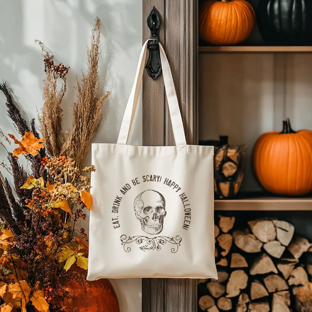 Brown Vintage Skull Personalized Halloween Party Tote Bag (Creator Uploaded)
