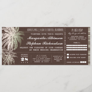 brown vintage ticket destination wedding invite