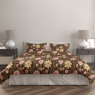 Brown Vintage Wildflower Rose Pattern Duvet Cover