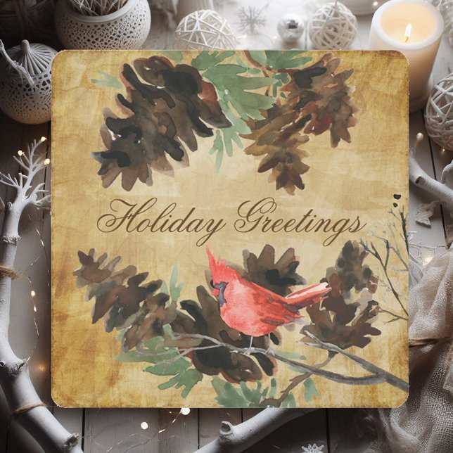Brown w. Red Cardinal Pine Cones Holiday Card (Creator Uploaded)