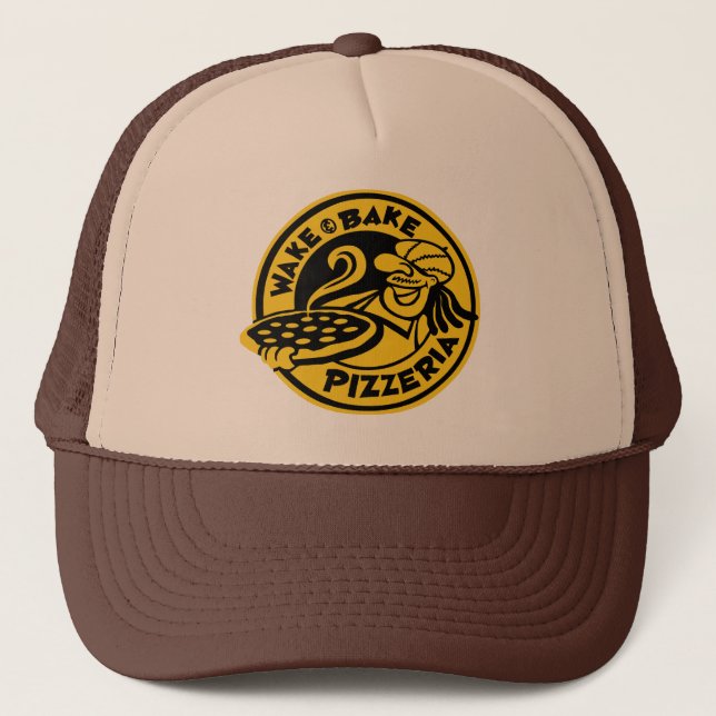 Brown Wake & Bake Custom Logo Trucker Hat (Front)