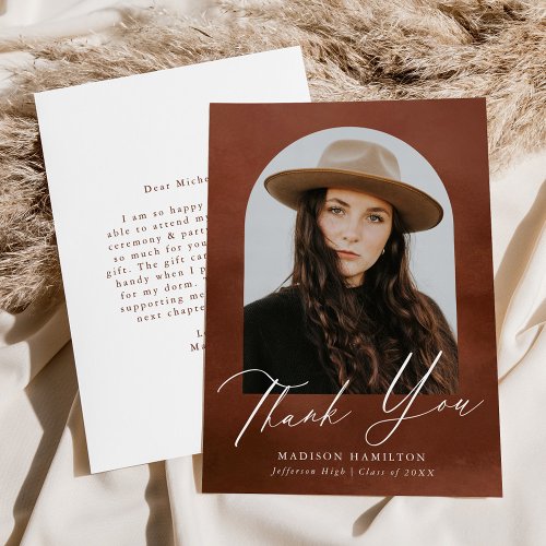 Brown Watercolor Arch Photo Graduation Thank You Card