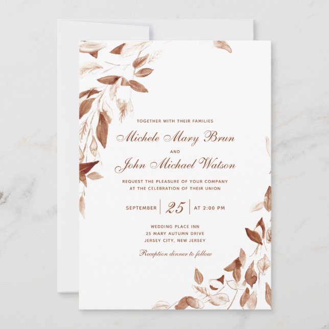 Brown Watercolor Autumn Leaves Wedding Invitation (Front)