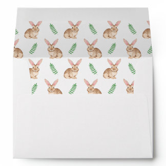 Brown Watercolor Bunny Pattern With Greenery Envelope