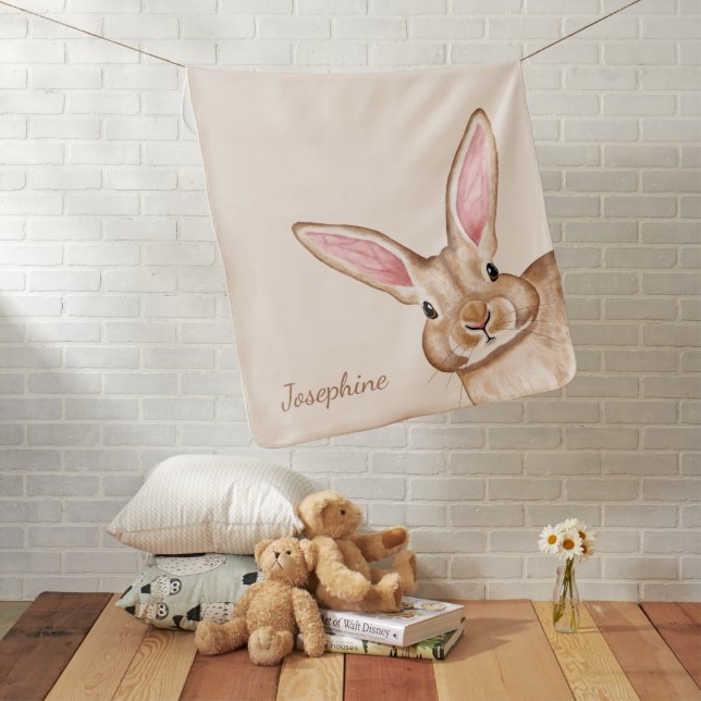 Brown Watercolor Bunny With Big Ears And Name Baby Blanket (In Situ)