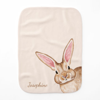 Brown Watercolor Bunny With Big Ears And Name Baby Burp Cloth