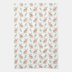 Brown Watercolor Bunny With Foliage Pattern Kitchen Towel