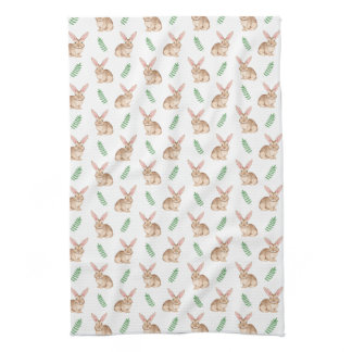 Brown Watercolor Bunny With Foliage Pattern Kitchen Towel
