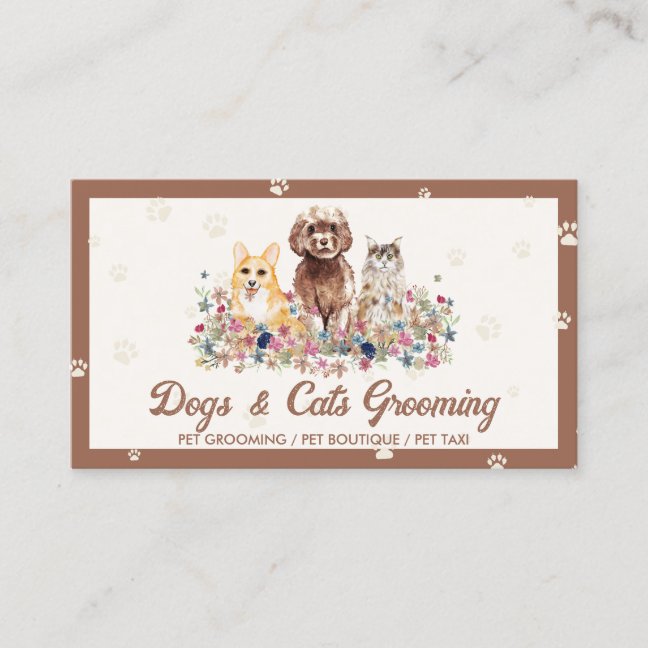 Brown Watercolor Dogs Cats Paw Print Pet Sitter Business Card