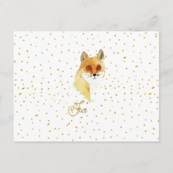 Brown Watercolor Fox Gold Faux Glitter Dots Postcard by pink_water at Zazzle