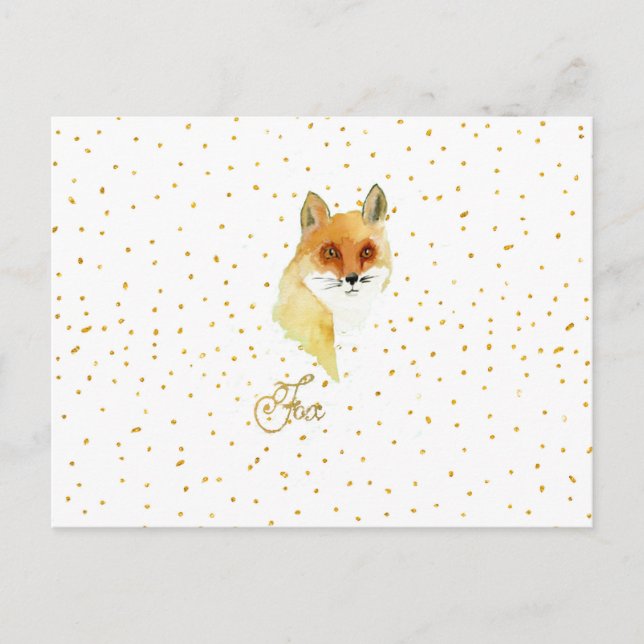 Brown watercolor fox gold faux glitter dots postcard (Front)