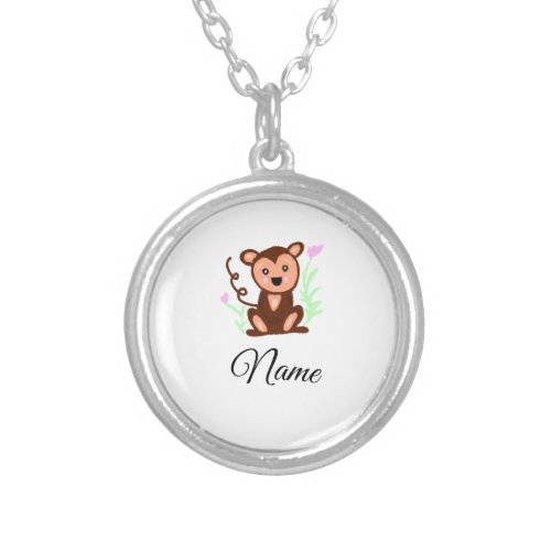 brown watercolor monkey animal add name text silver plated necklace