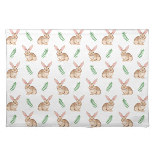 Brown Watercolor Rabbit And Green Leaves Easter Cloth Placemat
