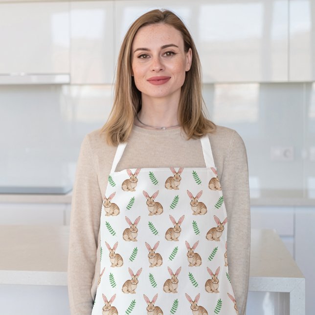 Brown Watercolor Rabbit And Greenery Cute Pattern Apron (Creator Uploaded)