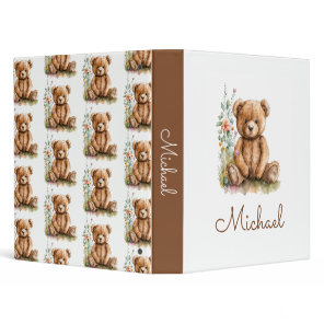 Brown Watercolor Teddy Bear Personalized Baby Boy 3 Ring Binder