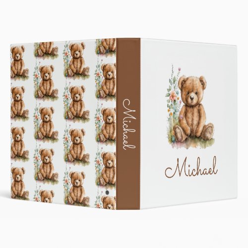 Brown Watercolor Teddy Bear Personalized Baby Boy 3 Ring Binder