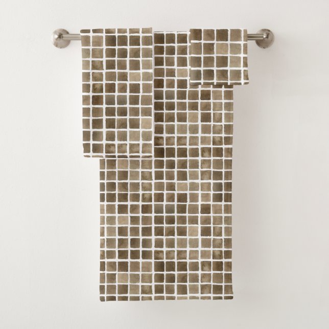 Brown Waterolour Grid Bath Towel Set (Insitu)