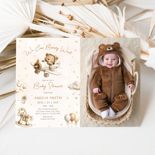 Brown We Can Bearly Wait Teddy Bear Plane Photo Invitation (Creator Uploaded)