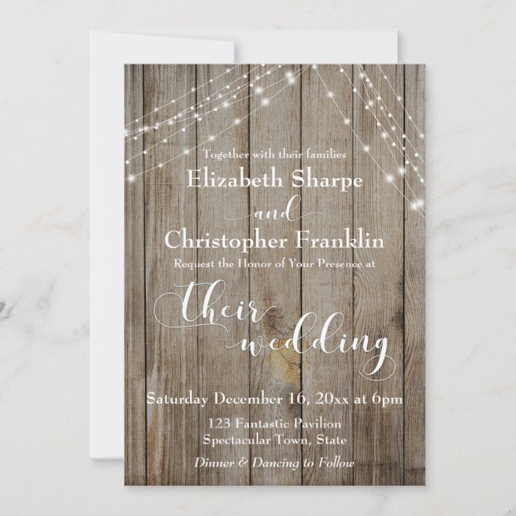 Brown Weathered Wood and White Lights Wedding Invitation | Zazzle