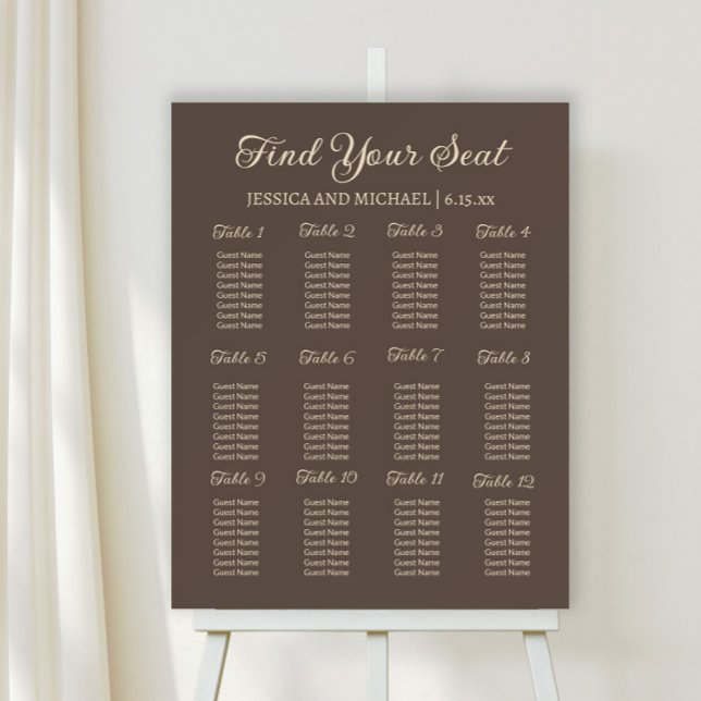Brown Wedding Reception Seating Chart Foam Board (Brown wedding seating chart)