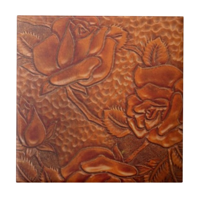 brown western country cowgirl floral leather tile (Front)