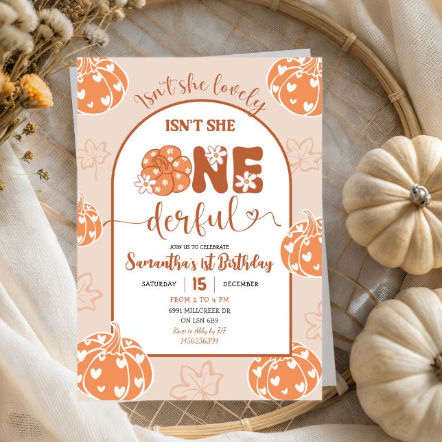 Brown Whimsical Retro Pumpkin Onederfull Birthday Invitation (Creator Uploaded)
