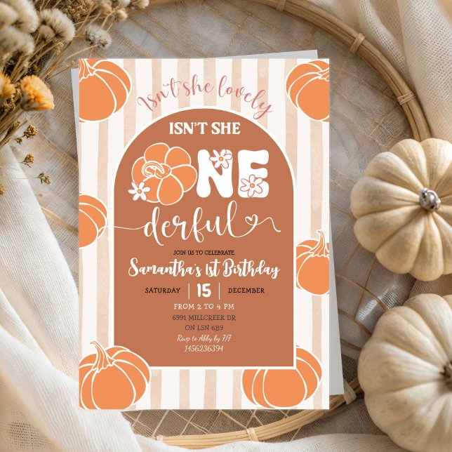 Brown Whimsical Stripes Pumpkin Onederful Birthday Invitation (Creator Uploaded)