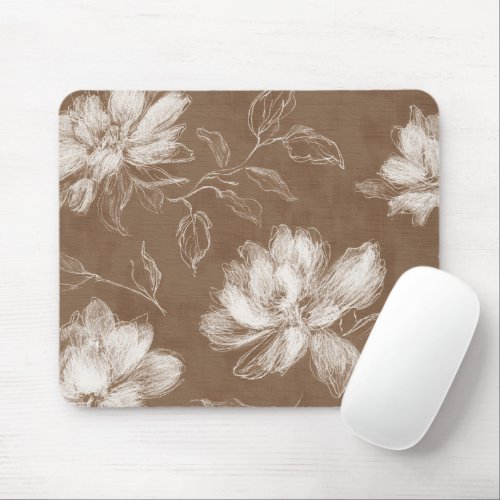 Brown White Abstract Flowers Mouse Pad