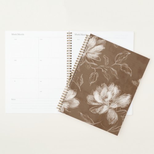 Brown White Abstract Flowers Planner