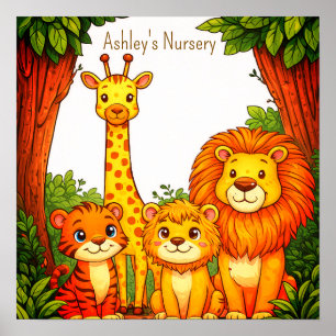 Brown White Animals Nursery Jungle Safari  Poster