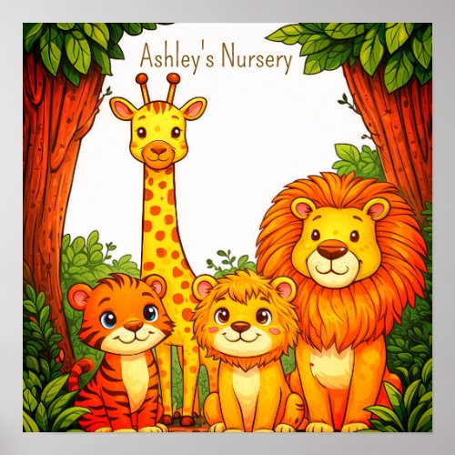 Brown White Animals Nursery Jungle Safari  Poster