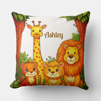 Brown White Animals Nursery Jungle Safari  Throw Pillow