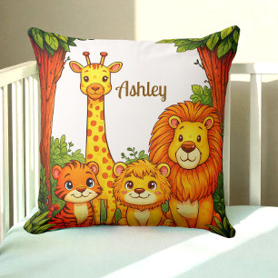 Brown White Animals Nursery Jungle Safari Throw Pillow