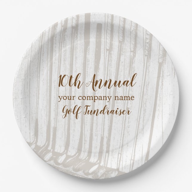 Brown & White Antique Vintage Golf Clubs Paper Plates (Front)