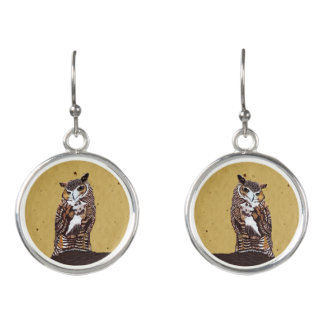 Brown White Barn Owl on Tree Stump Golden Eyes Earrings